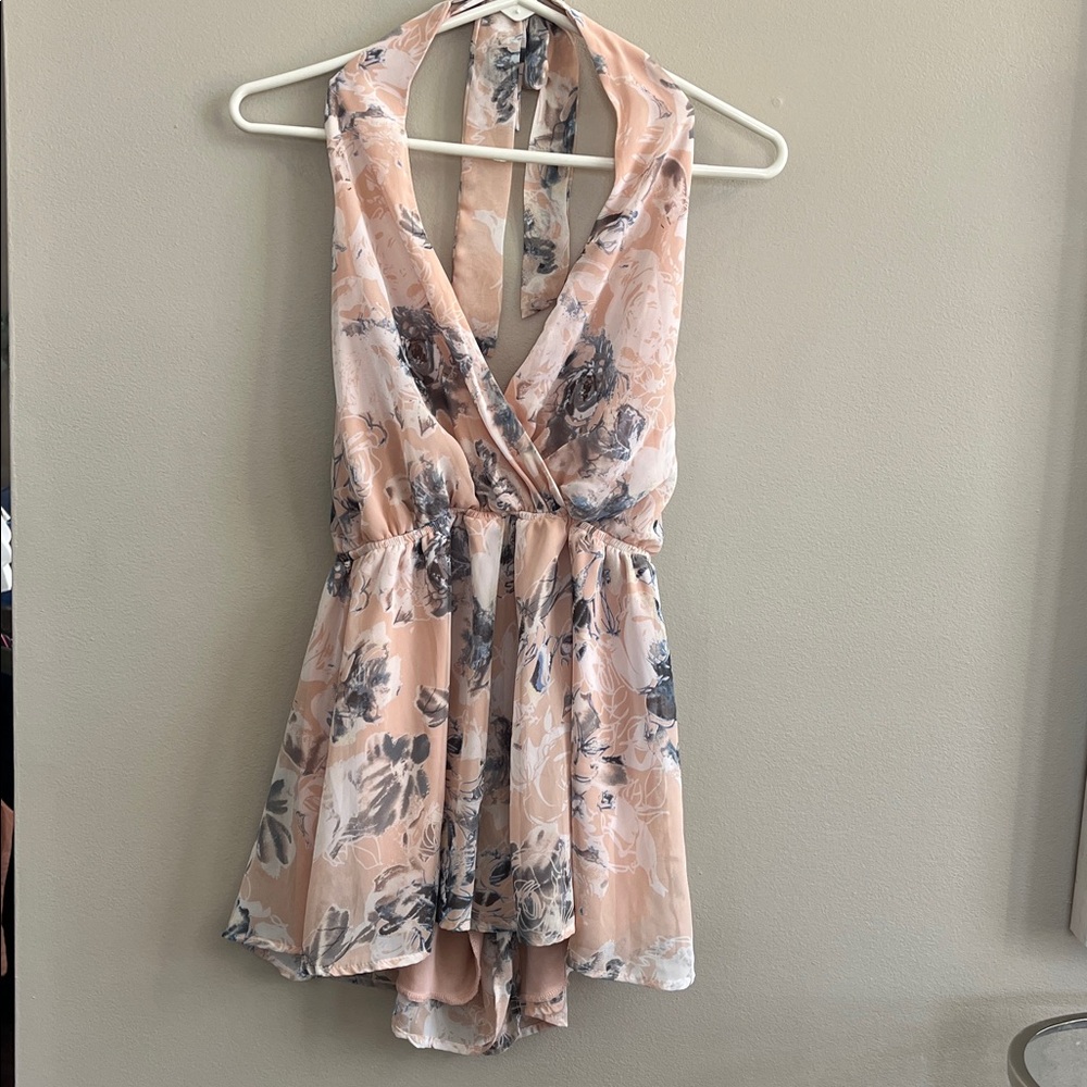 Final Touch peach / grey floral halter neck romper size small